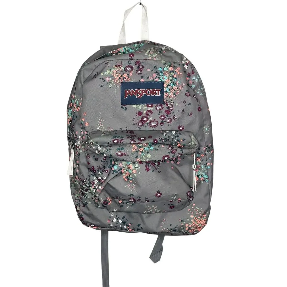JanSport SuperBreak Backpack Gray Purple Pink Floral School Bookbag Pack Floral